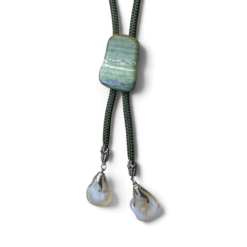Handmade Green Stone Bolo Tie Agate Pendants Olive Braided Cord Western Tie